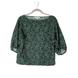 Loft Green Paisley Vine Pleated Elbow Sleeve Boatneck Boxy Blouse Top Size XS